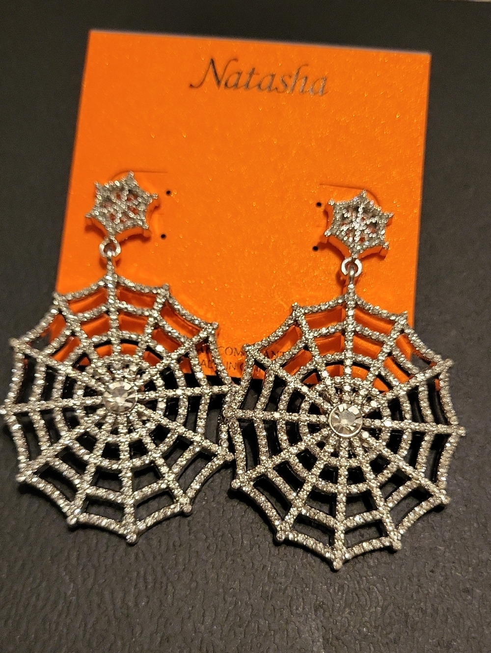 Natasha Couture Silver Crystal Spider Web Drop Earrings Te